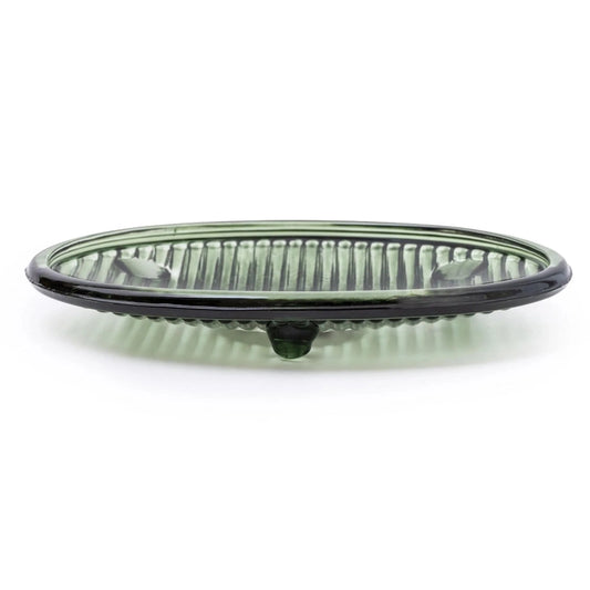 Green ribbed soap glass dish