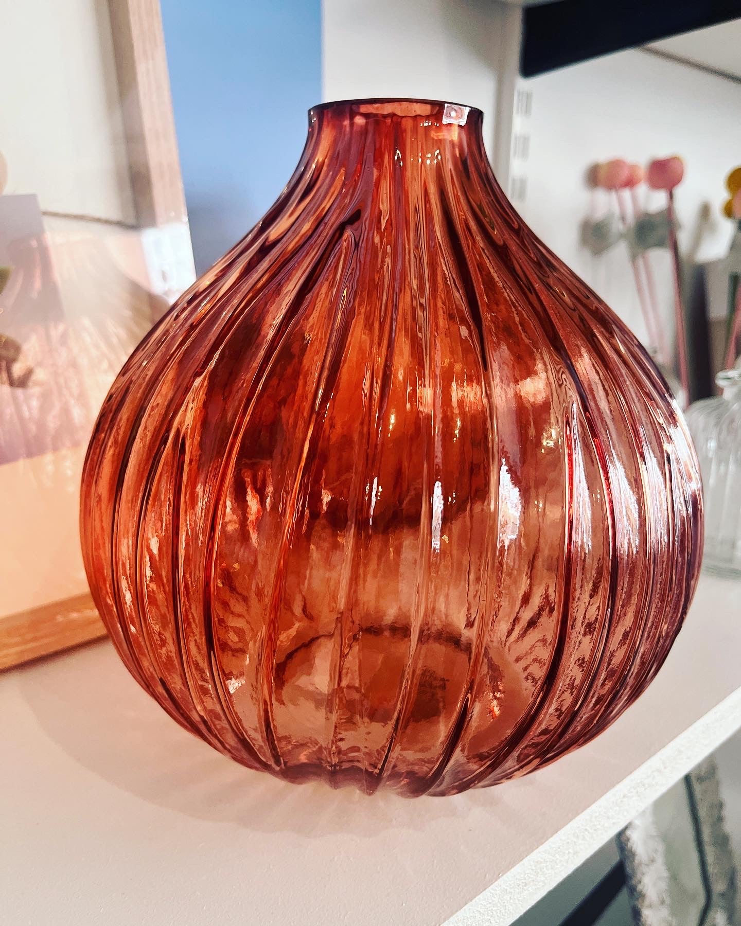 Round Fluted Amber Glass Vase