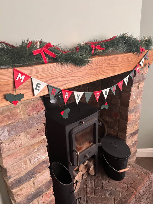 Merry Christmas Bunting With Hanging Holly